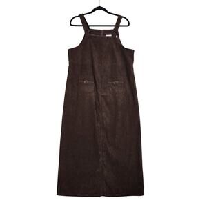 Kathy Ireland Womens Overall Dress Medium Brown Faux Suede‎ Pinafore Jumper 90s